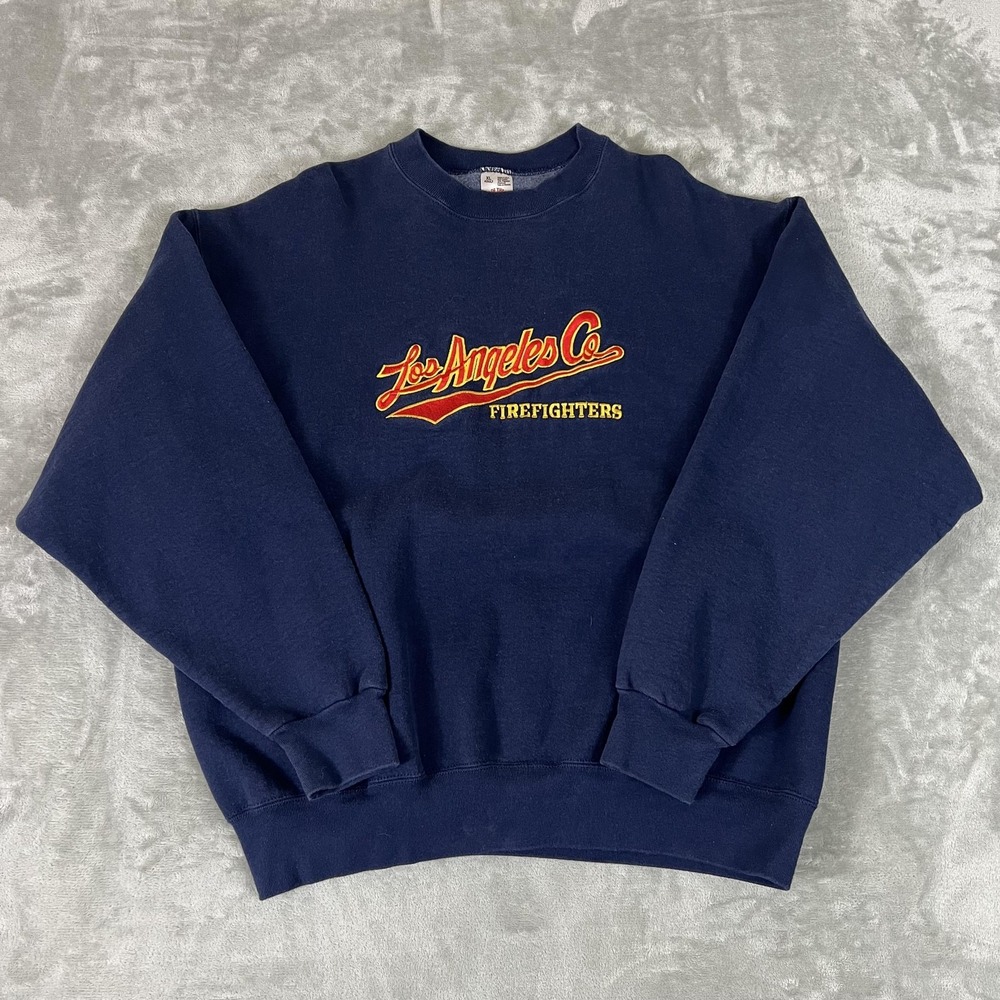 Vintage Fruit Of The Loom Sweatshirt Mens XL Blue Los Angeles Firefighters 90s